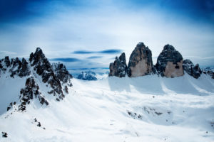 Three pinnacles from the Sextner Stein in the winter, Dolomites, South Tyrol, Three pinnacles from the Sextner Stein in the winter, Dolomites, South Tyrol,
